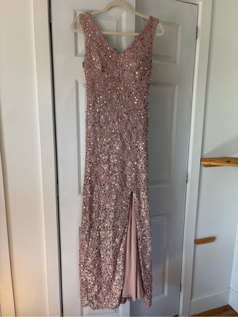 Morgan & Co. Rose Gold Sequin V-Neck Prom Gown